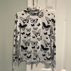 Mock-Neck Long Sleeve White Top w/ Black Butterflies